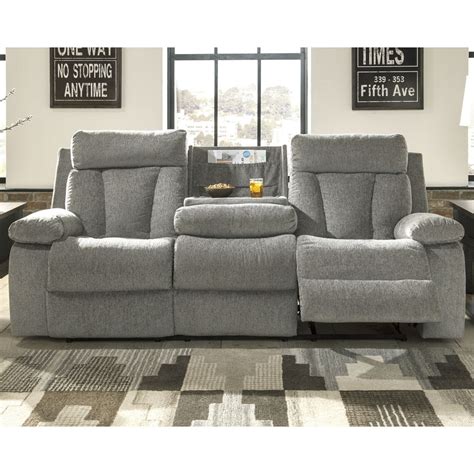 metal drop-in unitized seat box|Mitchiner Grey Reclining Sofa with Drop Down Table.